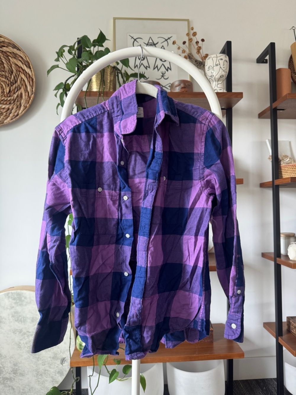Men's Purple & Navy Check Flannel Shirt - Classic Button-Down and black pants